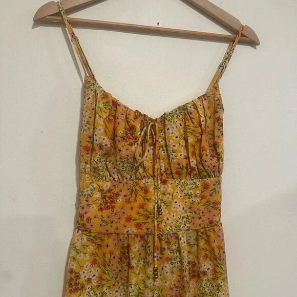 BCBG Paris MilkMaid Baby Doll Dress Midi Mustard Floral Size Medium - Picture 3 of 5